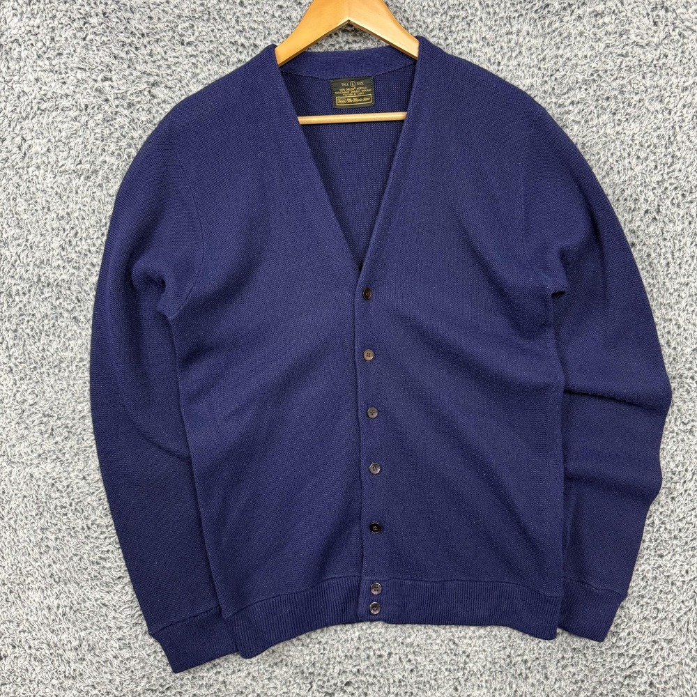 True Vintage Sears Sweater Mens Large Tall Blue Orlon Acrylic Cardigan Knit 70s